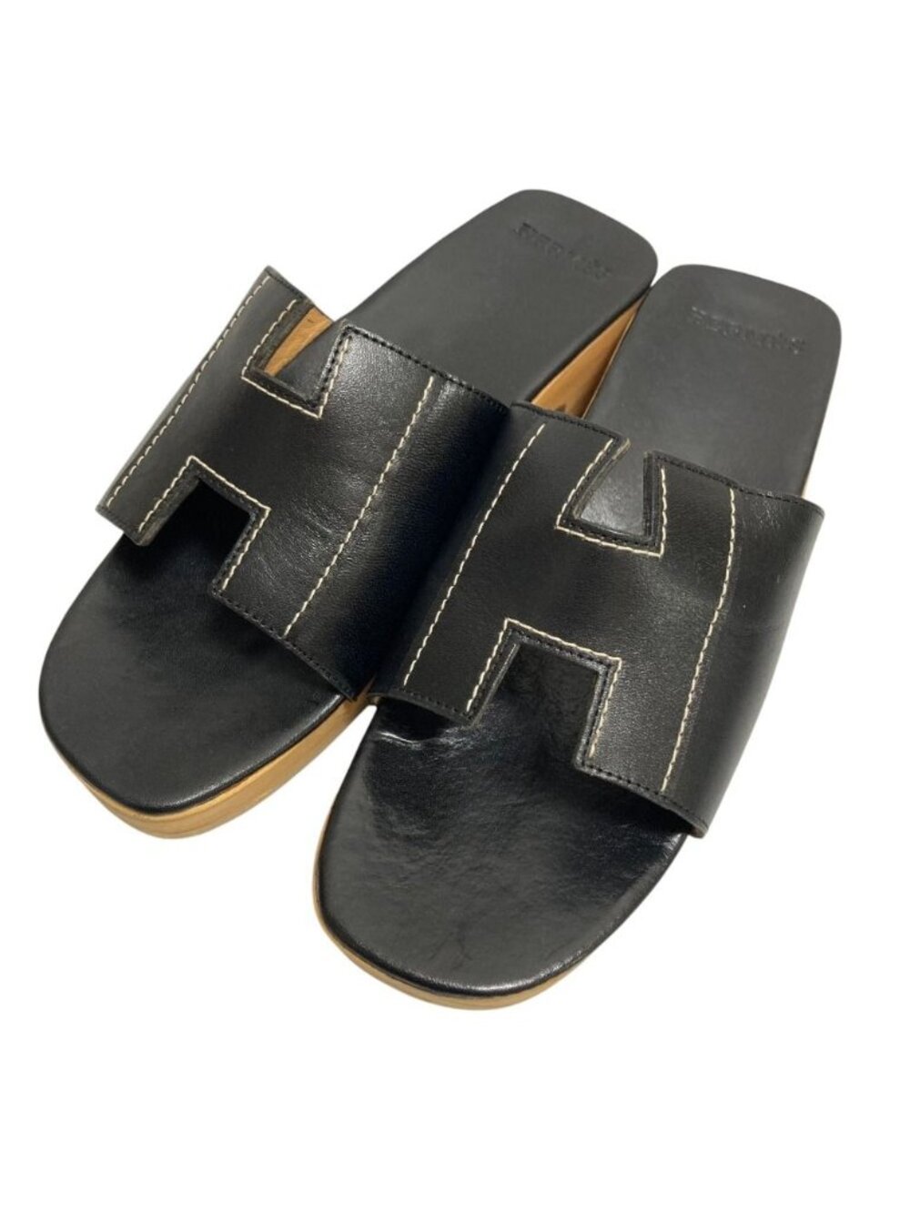 Hermes Kevlar H Motif Wood Sole Sandals Black